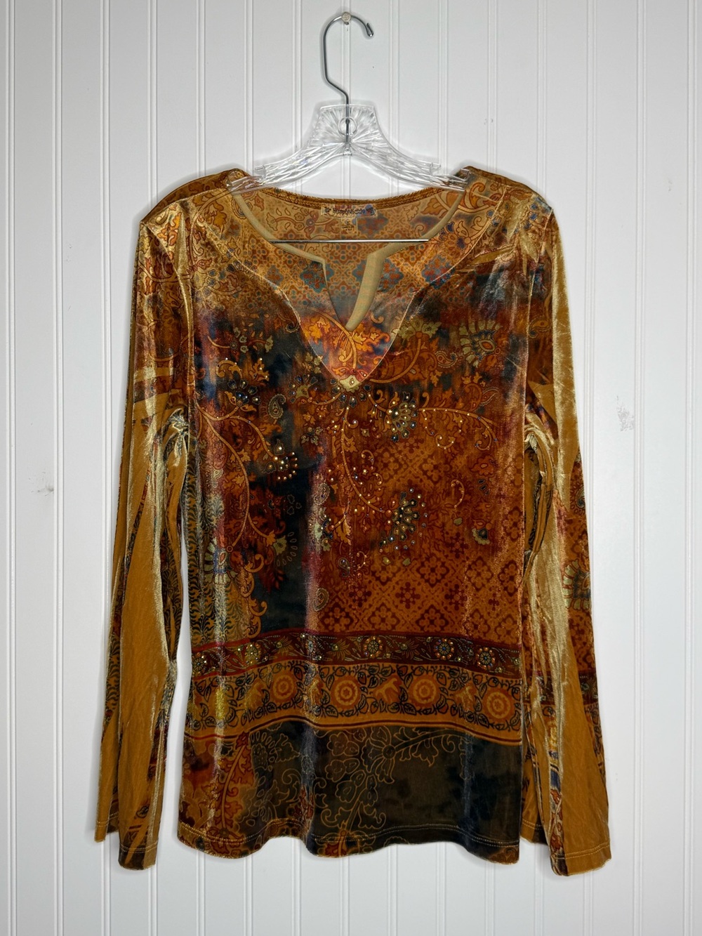 Y2K Simply Suzie USA Paisley Print Split Notch V Neck Bell Sleeve Velvet Top